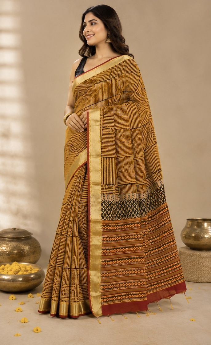 Mustard Black Printed Linen Saree with Geometric Pallu - Image 5