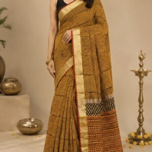 Mustard Black Printed Linen Saree with Geometric Pallu