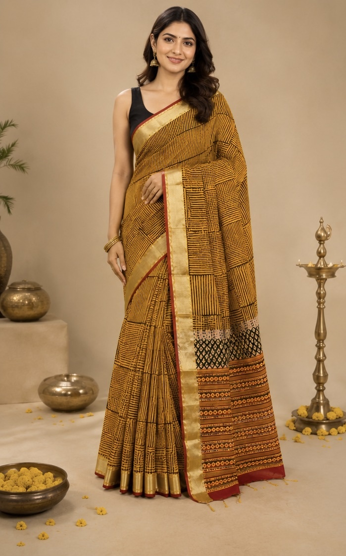 Mustard Black Printed Linen Saree with Geometric Pallu