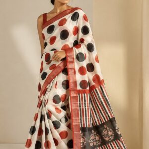 Ivory Polka Dot Printed Cotton Saree with Red and Black Border