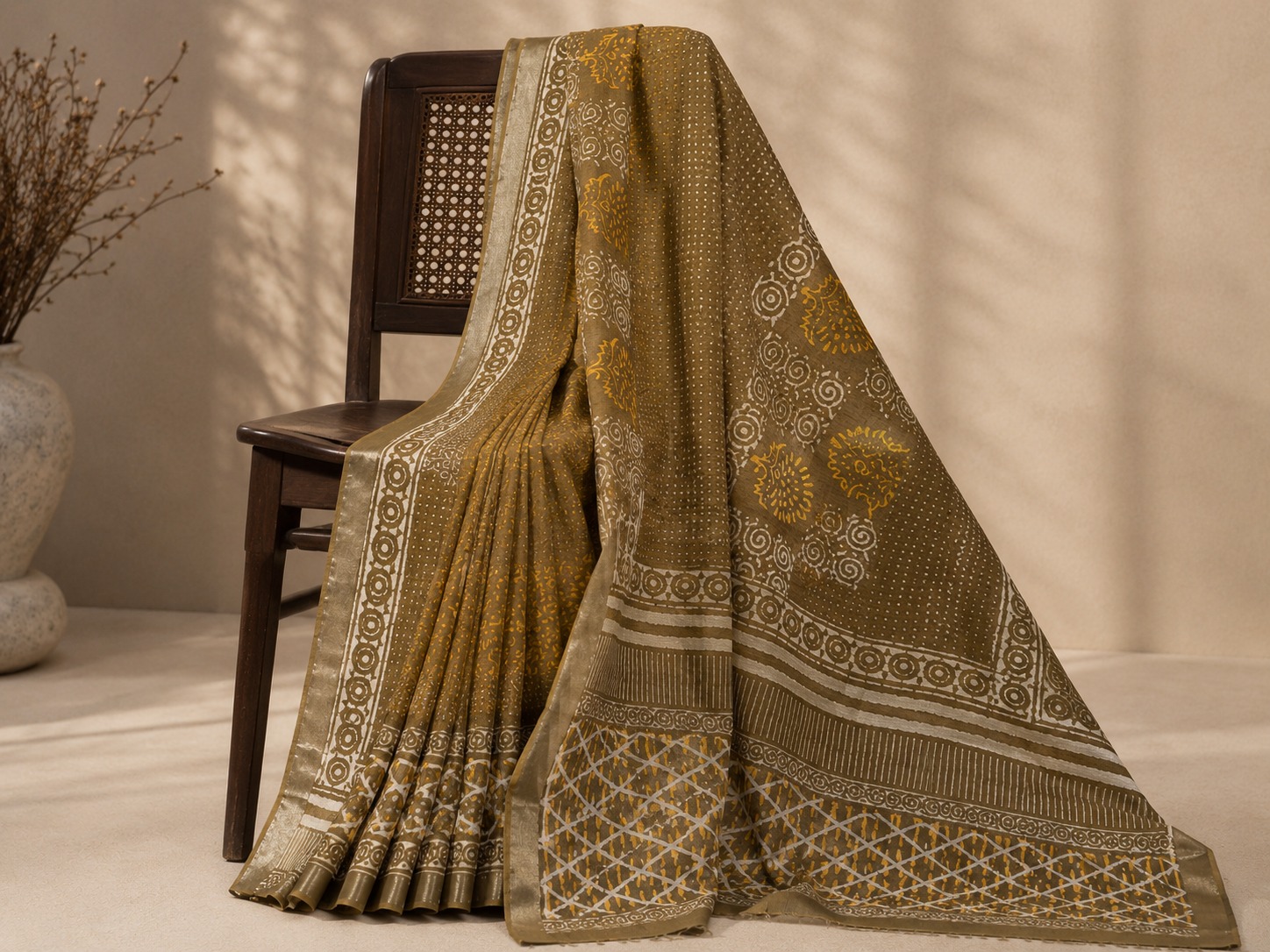 Olive Brown Printed Linen Saree with Ornamental Pallu - Image 3