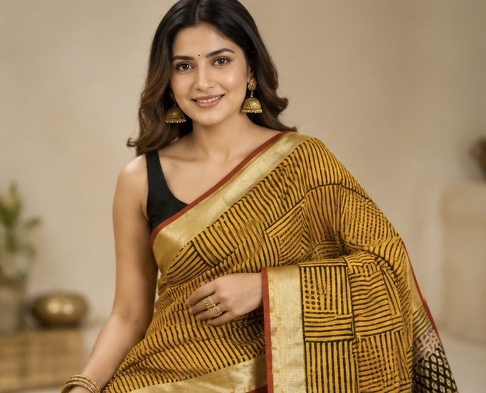 Mustard Black Printed Linen Saree with Geometric Pallu - Image 2