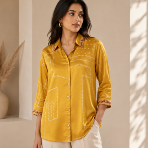 Mustard Yellow Crepe Silk Shirt with Bandhani and Kalamkari Prints