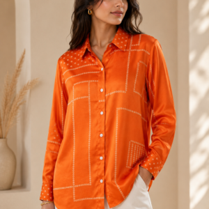 Orange Crepe Silk Shirt with Bandhani and Kalamkari Prints