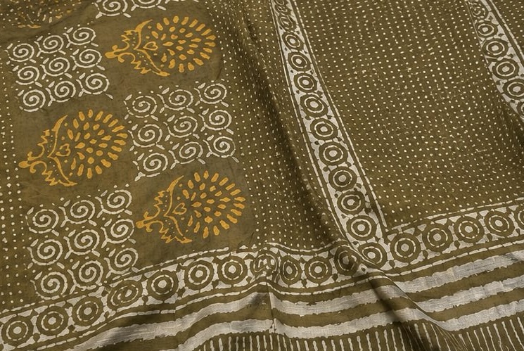 Olive Brown Printed Linen Saree with Ornamental Pallu - Image 6