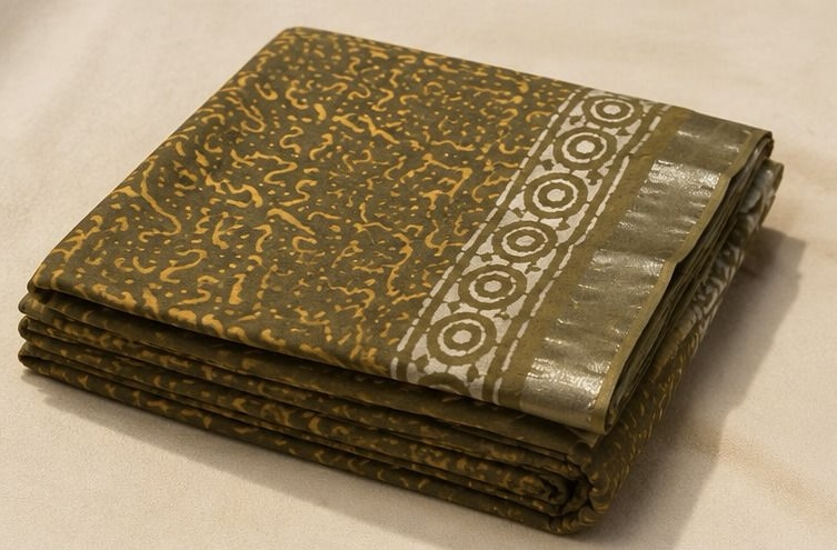 Olive Brown Printed Linen Saree with Ornamental Pallu - Image 7