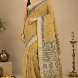 Mustard Yellow Printed Linen Saree with Traditional Pallu