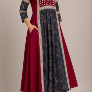 Deep Maroon and Blue Ajrakh Print Cotton Kurta with Flared Hem