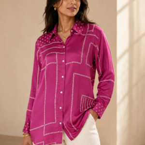 Magenta Crepe Silk Shirt with Bandhani and Kalamkari Prints