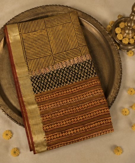 Mustard Black Printed Linen Saree with Geometric Pallu - Image 7