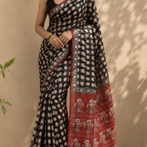 Black Printed Cotton Saree with Red Floral Pallu and Striped Borders