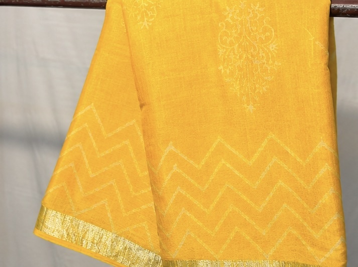 Bright Yellow Printed Linen Saree with Delicate Border - Image 3