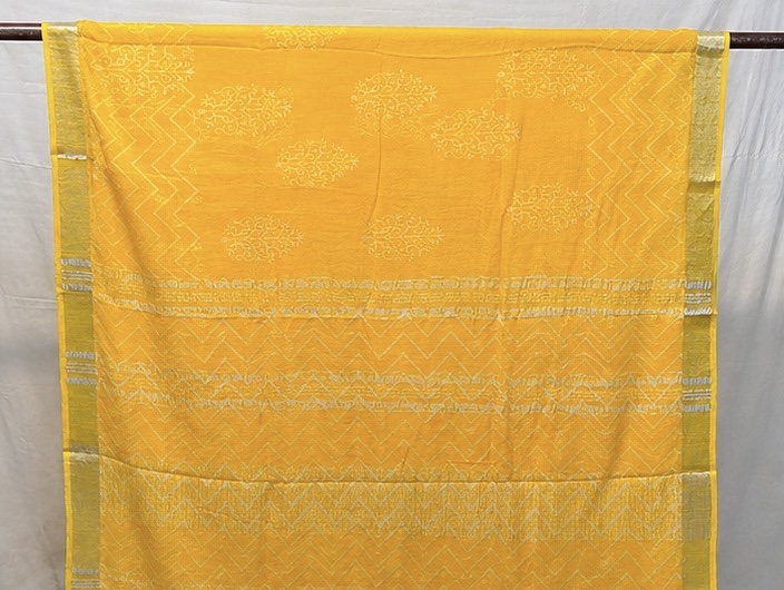 Bright Yellow Printed Linen Saree with Delicate Border - Image 2