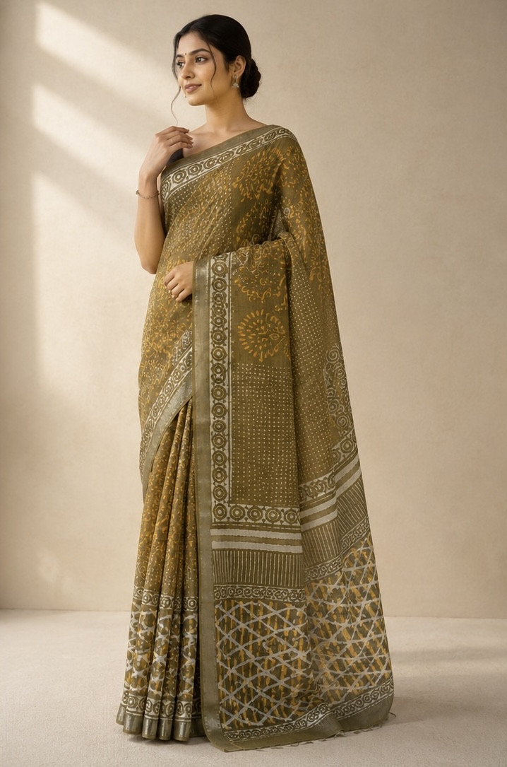 Olive Brown Printed Linen Saree with Ornamental Pallu - Image 2