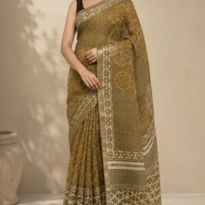 Olive Brown Printed Linen Saree with Ornamental Pallu