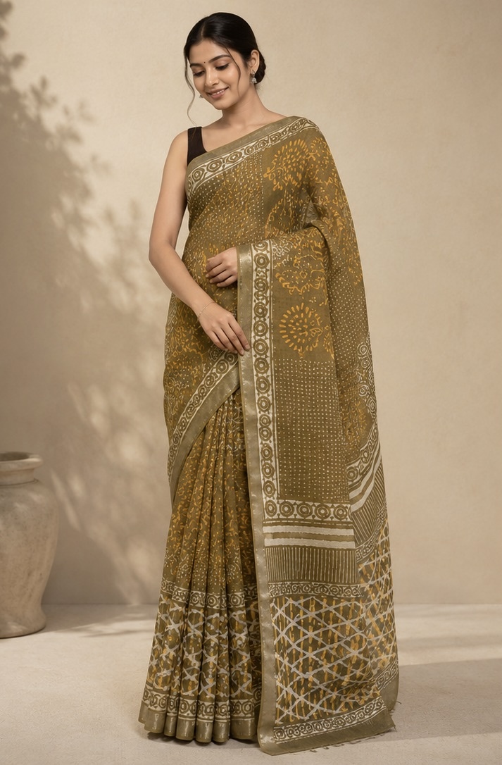 Olive Brown Printed Linen Saree with Ornamental Pallu