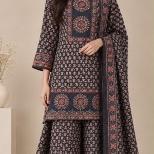Classic Black Ajrakh Print Cotton Kurta Palazzo Set