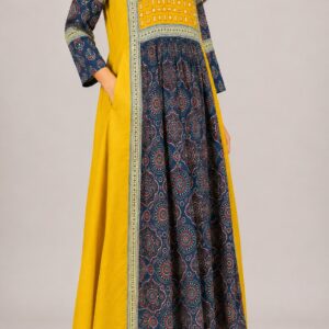 Bright Yellow Flared Ajrakh Print Cotton Kurta for Festive Wear