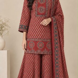 Rust Orange Ajrakh Print Cotton Kurta Palazzo Set