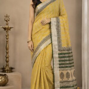 Mustard Yellow Linen Saree with Green Printed Border