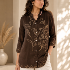 Chocolate Brown Crepe Silk Embroidered Shirt with Kalamkari Print Panel