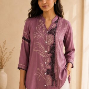 Mauve Crepe Silk Embellished Shirt with Kalamkari Print Panel