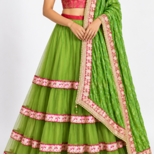 Parrot Green & Pink Net Lehenga Set with Embroidered Lace Detailing