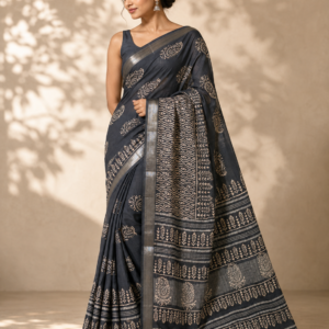 Charcoal Black Printed Linen Saree with Patterned Pallu