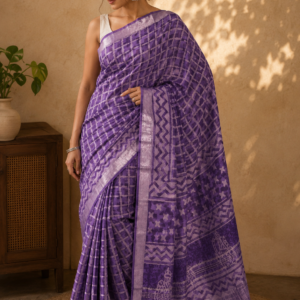 Purple Geometric Printed Linen Saree with Detailed Pallu