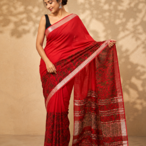Red Floral Printed Linen Saree with Contrasting Pallu