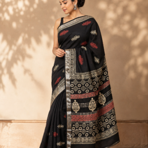 Black Printed Linen Saree with Red and Ivory Motifs