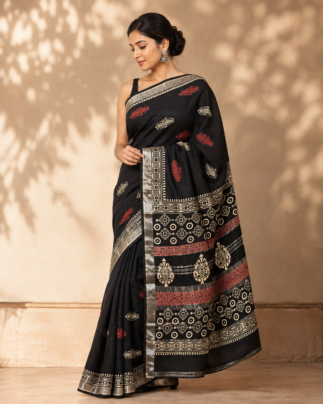 Black Printed Linen Saree with Red and Ivory Motifs