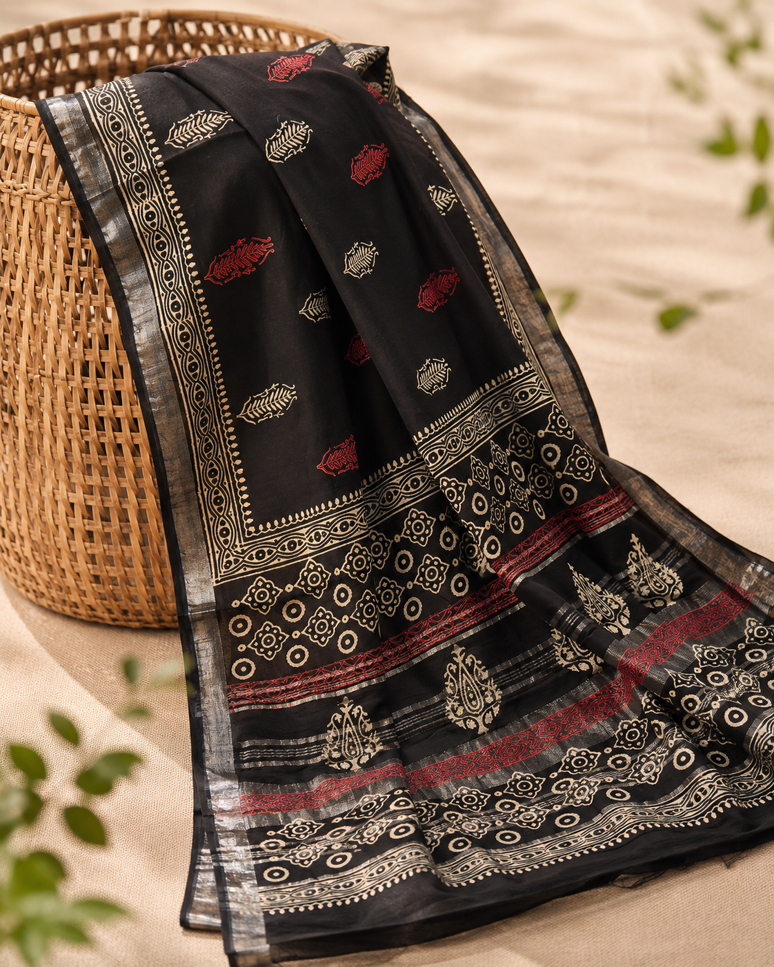 Black Printed Linen Saree with Red and Ivory Motifs - Image 4