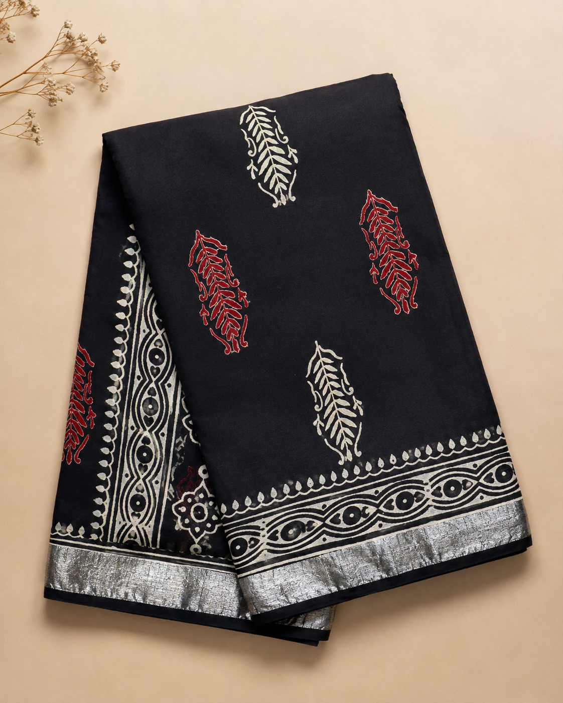 Black Printed Linen Saree with Red and Ivory Motifs - Image 5