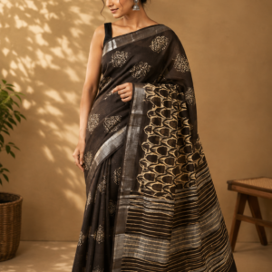 Black Printed Linen Saree with Beige Motifs and Striped Pallu