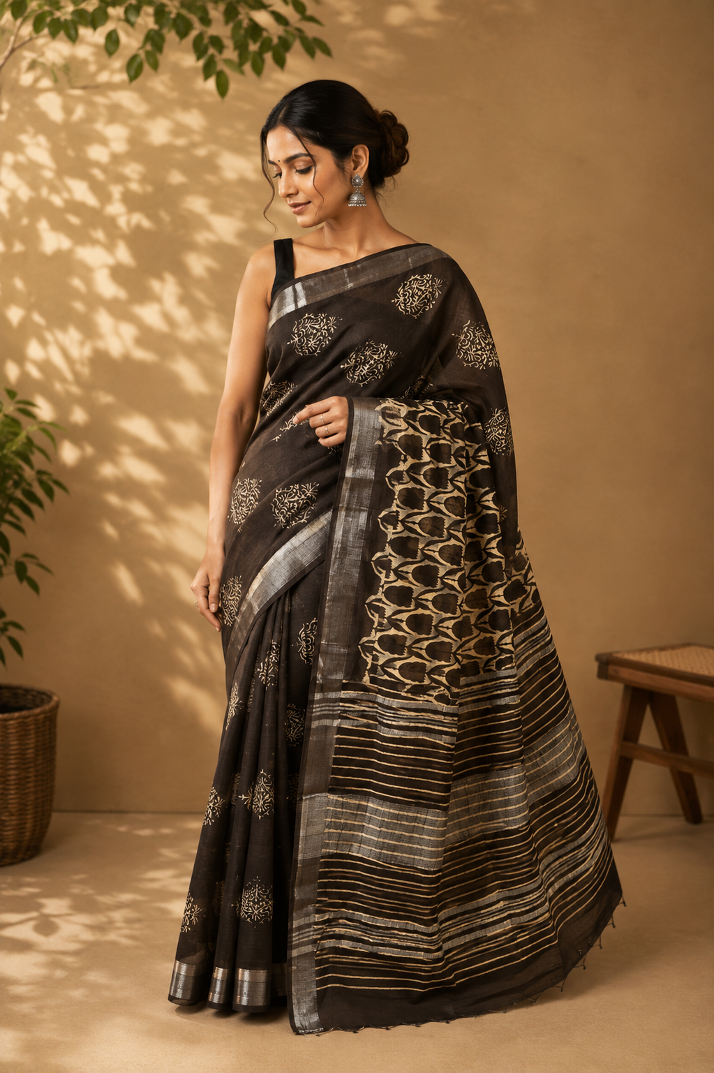 Black Printed Linen Saree with Beige Motifs and Striped Pallu