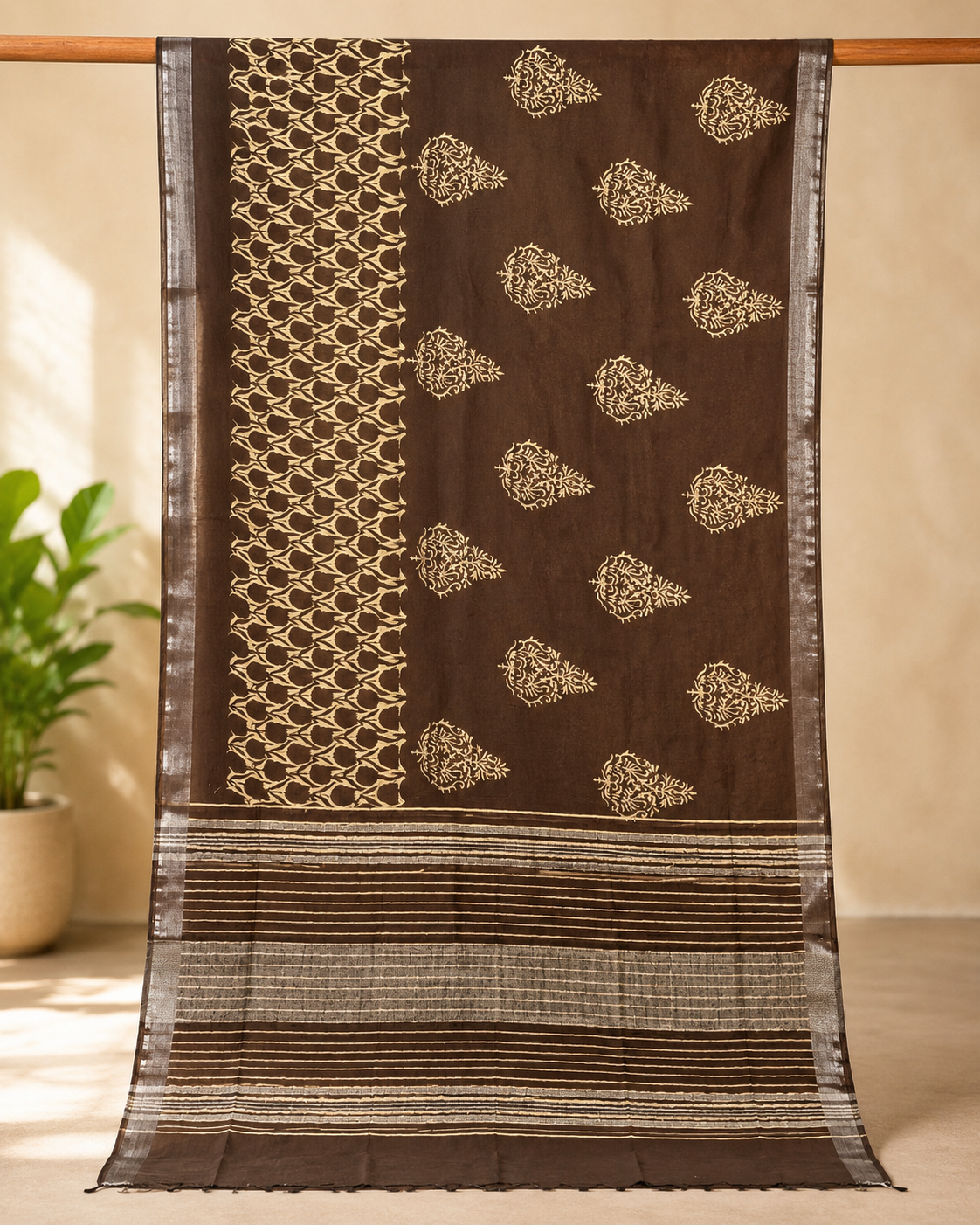 Black Printed Linen Saree with Beige Motifs and Striped Pallu - Image 3