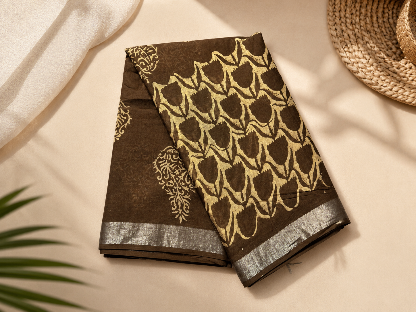 Black Printed Linen Saree with Beige Motifs and Striped Pallu - Image 5