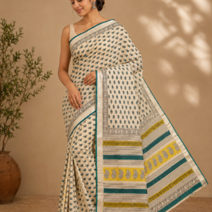 Elegant cream & Teal Printed Linen Saree with patterned pallu