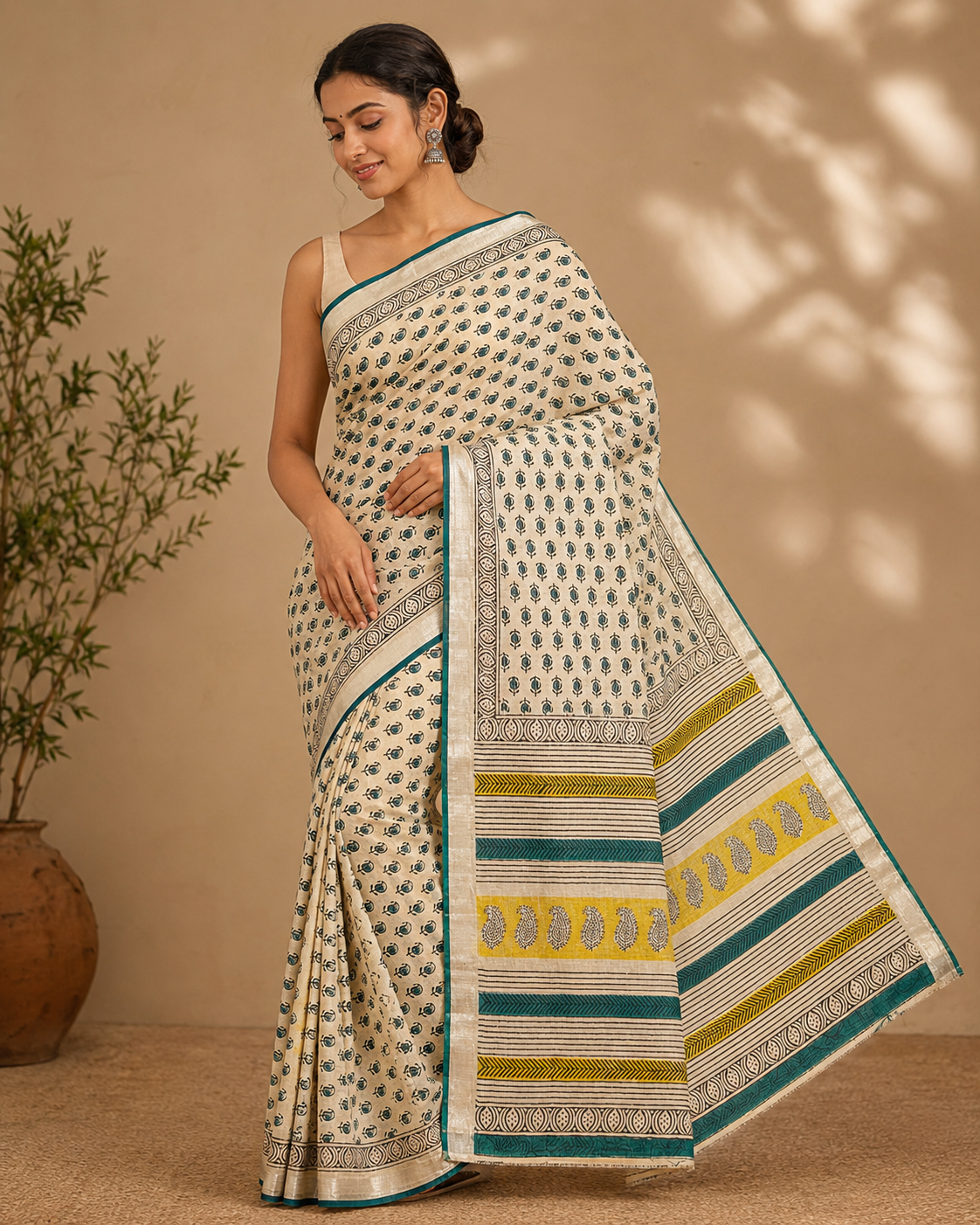 Elegant cream & Teal Printed Linen Saree with patterned pallu