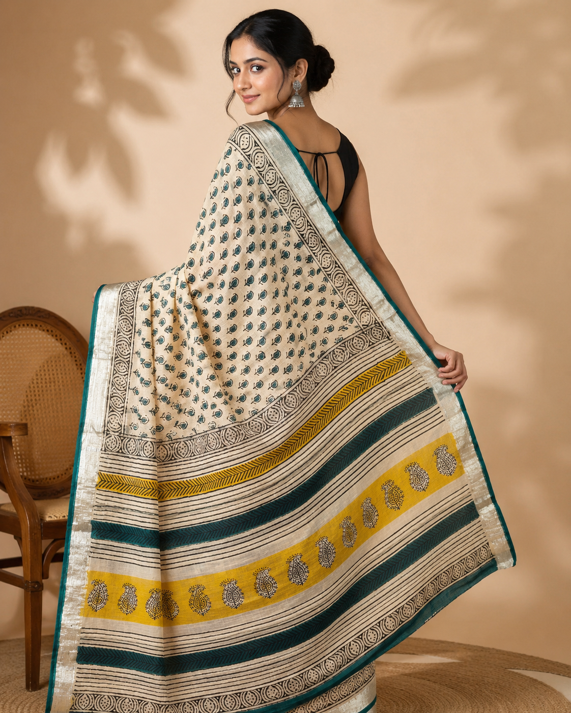 Elegant cream & Teal Printed Linen Saree with patterned pallu - Image 5