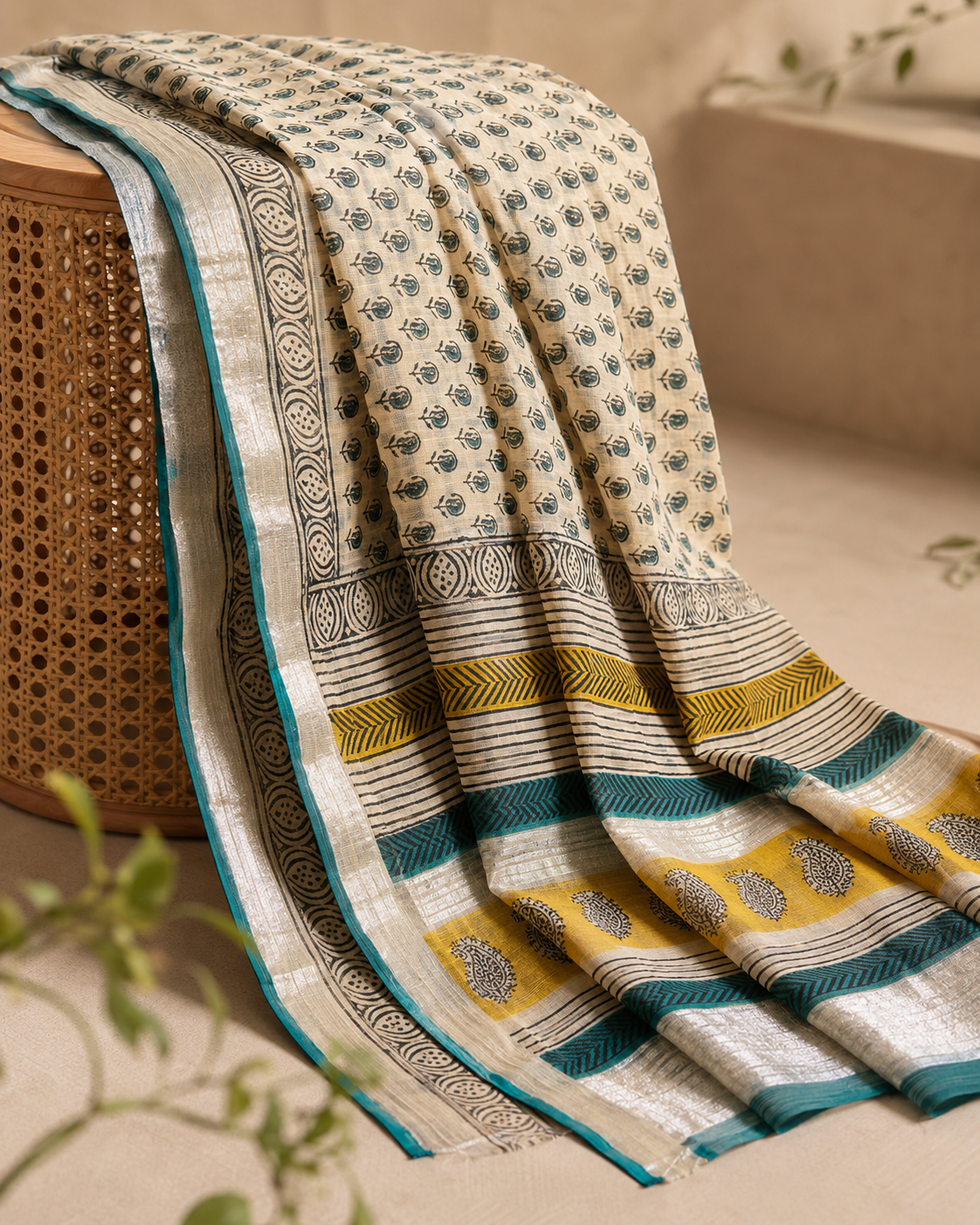 Elegant cream & Teal Printed Linen Saree with patterned pallu - Image 4