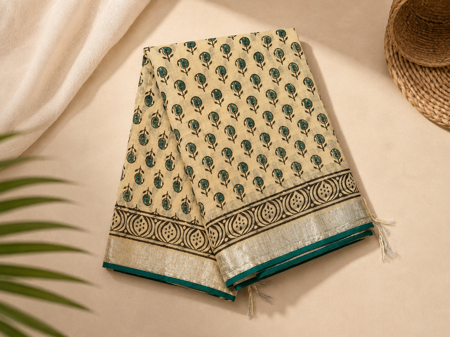 Elegant cream & Teal Printed Linen Saree with patterned pallu - Image 3
