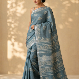 Blue Grey Printed Linen Saree with Ornate Floral Pallu