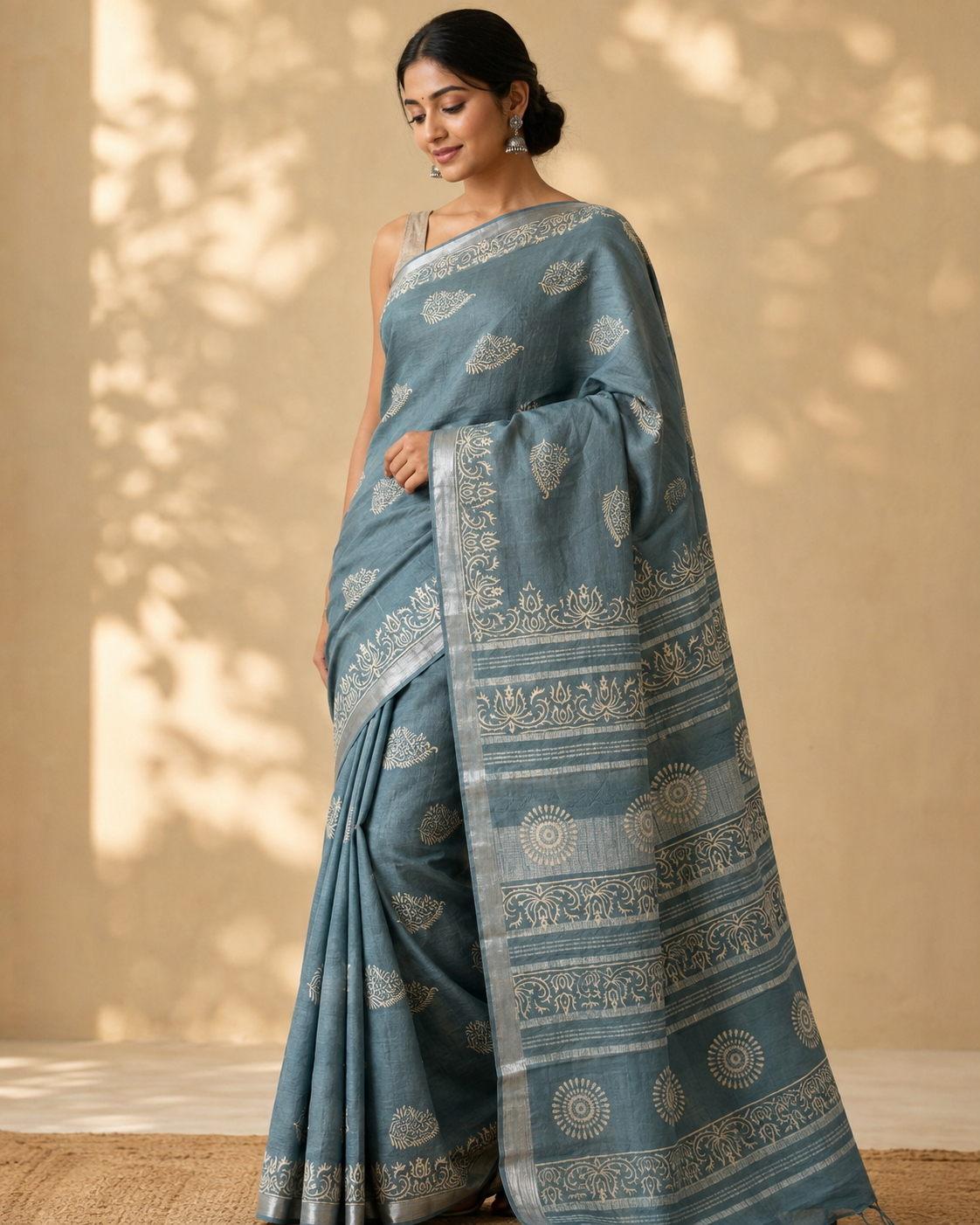 Blue Grey Printed Linen Saree with Ornate Floral Pallu