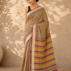 Pink & Mustard Geometric Handblock Linen Saree