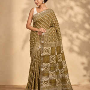 Mustard Brown Floral & Geometric Printed Linen Saree