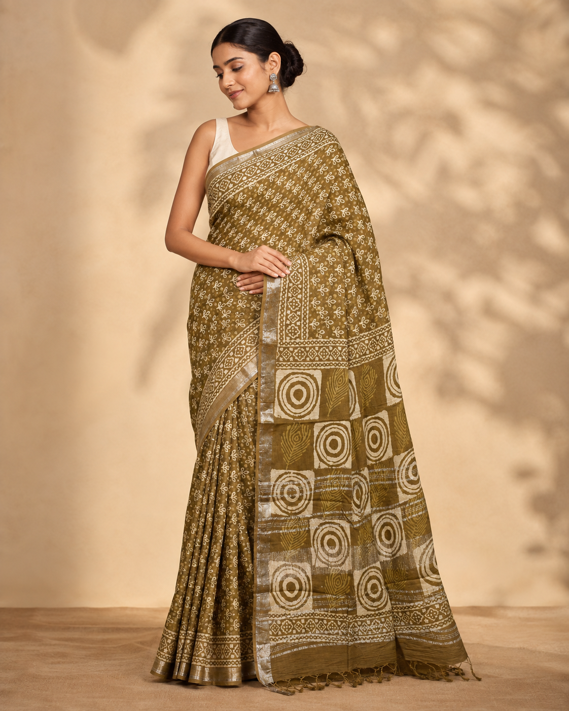Mustard Brown Floral & Geometric Printed Linen Saree