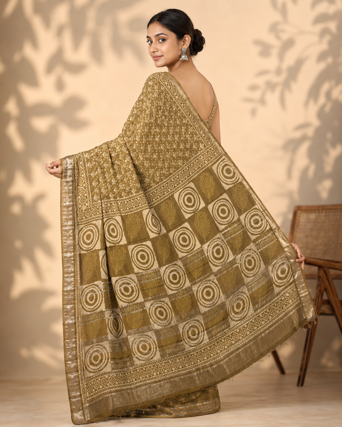 Mustard Brown Floral & Geometric Printed Linen Saree - Image 5