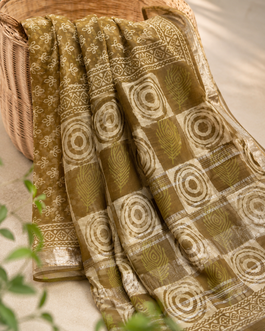 Mustard Brown Floral & Geometric Printed Linen Saree - Image 4
